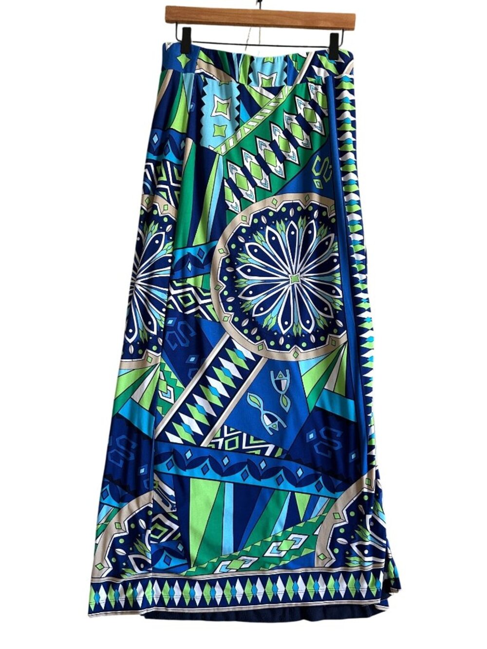 Chicos Women's Sz M Maxi Skirt Geometric Blue Green Stretch Lined